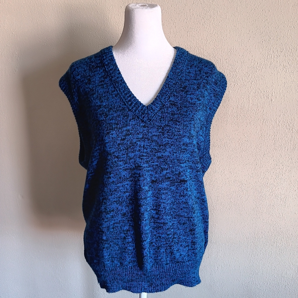 Vintage Le Tigré Blue Marled V-Neck Knit Preppy Academia Sweater Vest Size Large